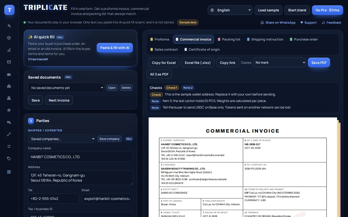 The Triplicate generator: the form on the left, the commercial invoice preview and its checks on the right