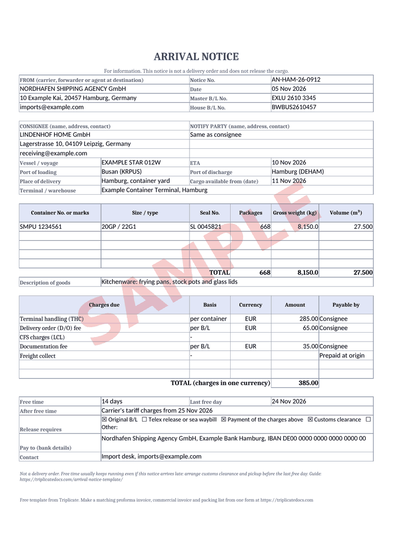 Arrival notice – Example filled in with the free generator (sample data)