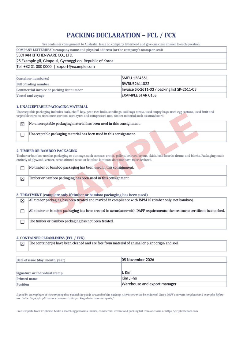 포장 신고서(Packing Declaration, 호주) – 무료 생성기로 작성한 예시 (샘플 데이터)