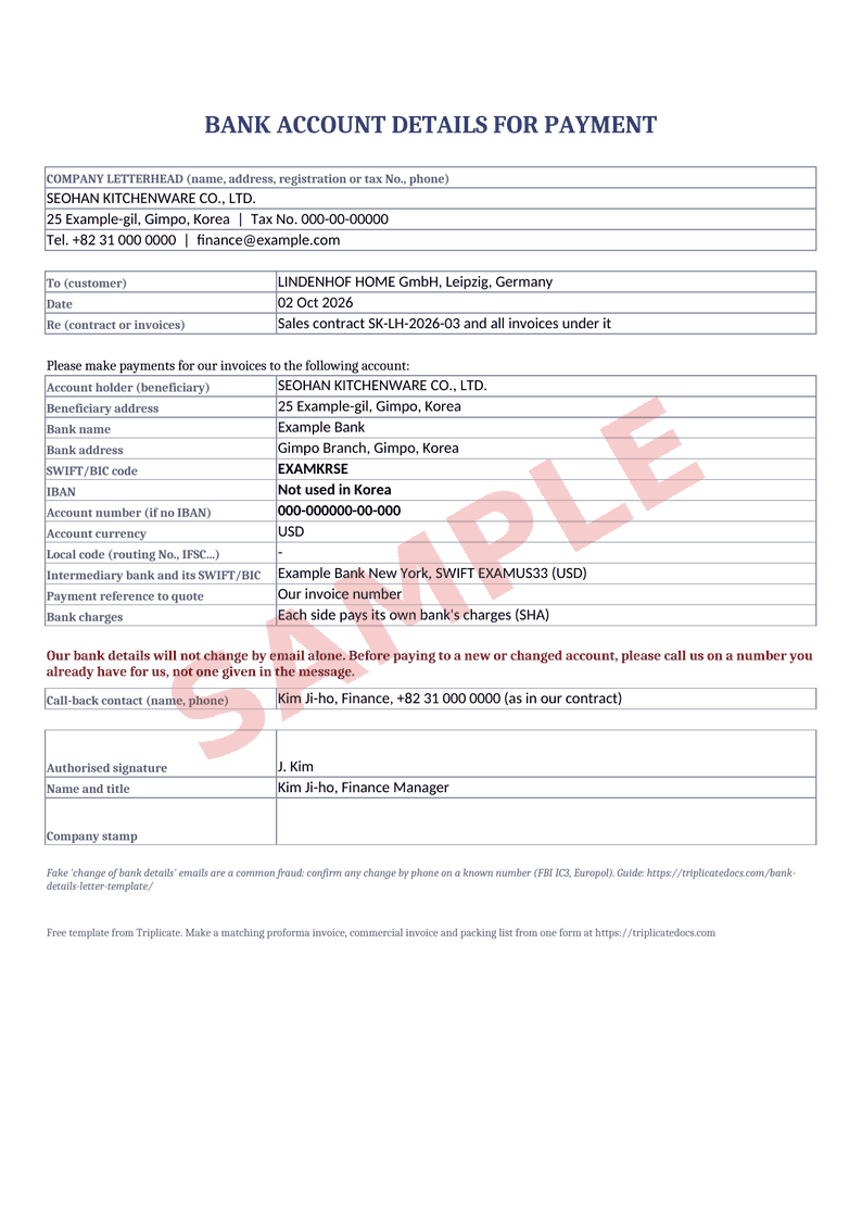 Bank details letter – Example filled in with the free generator (sample data)