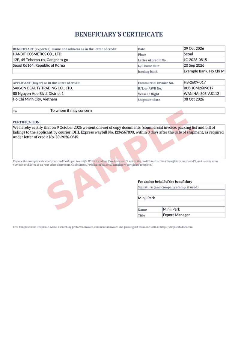 Beneficiary's certificate – Example filled in with the free generator (sample data)