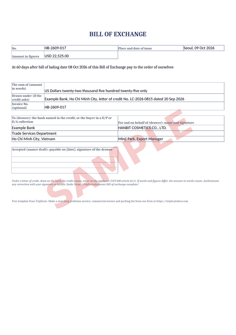 Bill of exchange (draft) – Example filled in with the free generator (sample data)