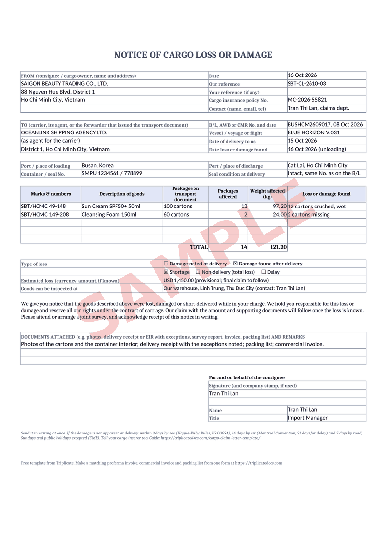 Cargo claim letter – Example filled in with the free generator (sample data)