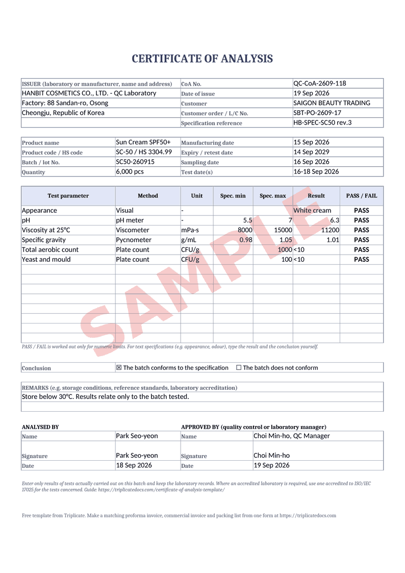 Certificate of analysis – Example filled in with the free generator (sample data)