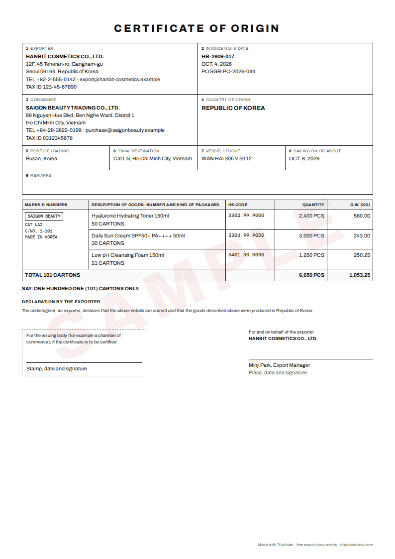 Certificate of origin – Example filled in with the free generator (sample data)