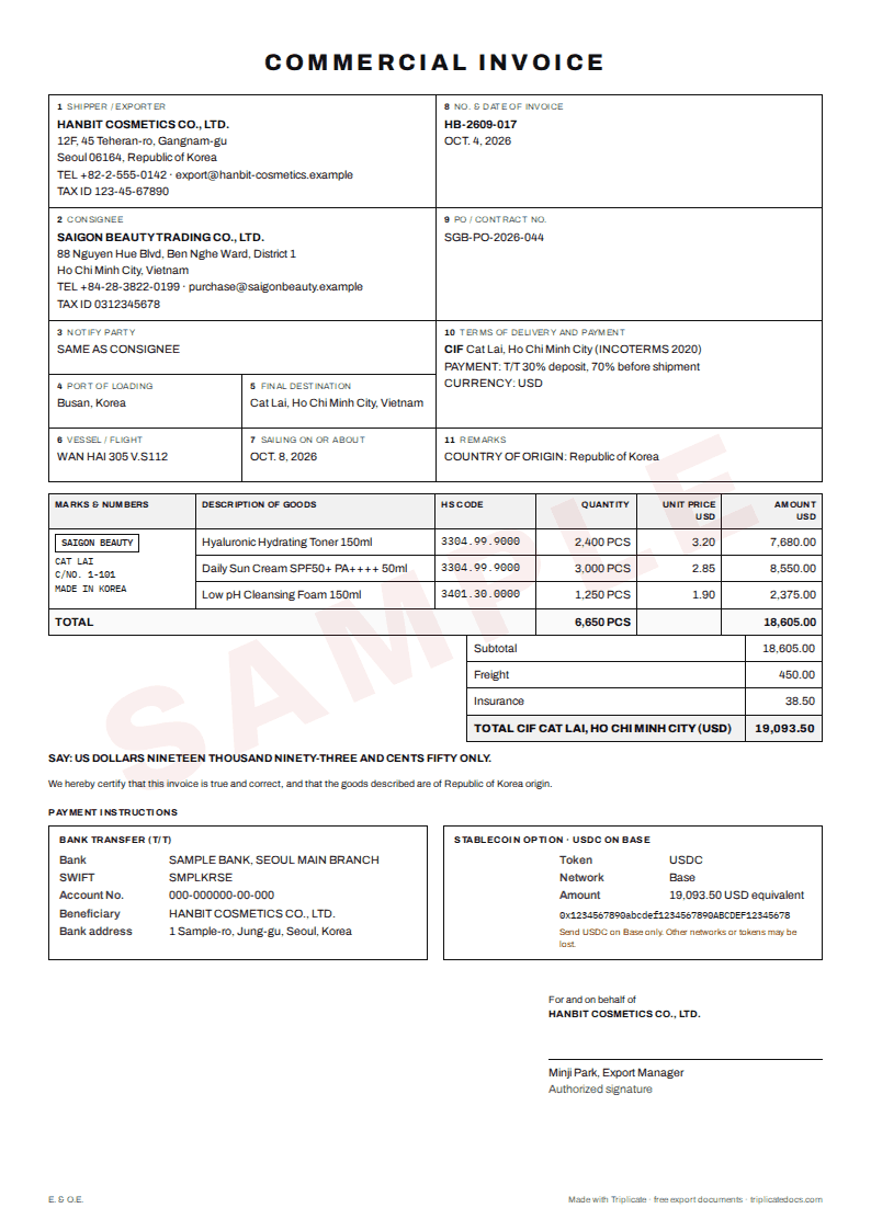 Commercial invoice – Example filled in with the free generator (sample data)