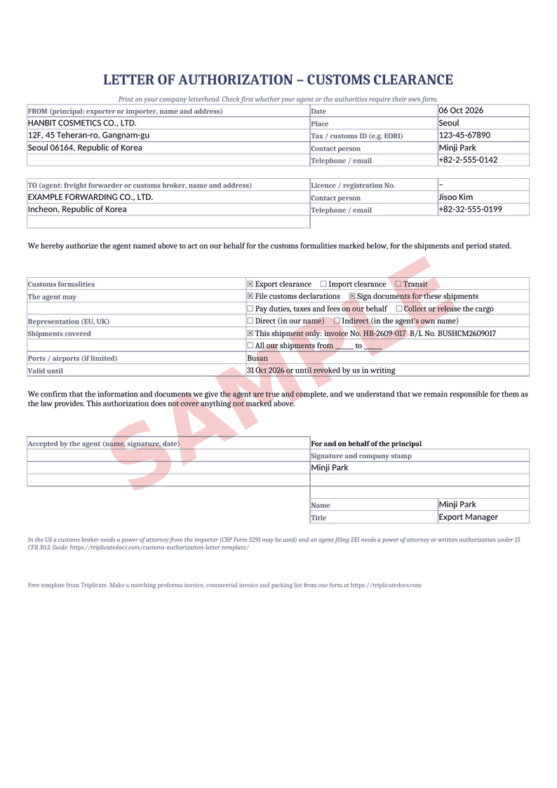 Customs authorization letter – Example filled in with the free generator (sample data)