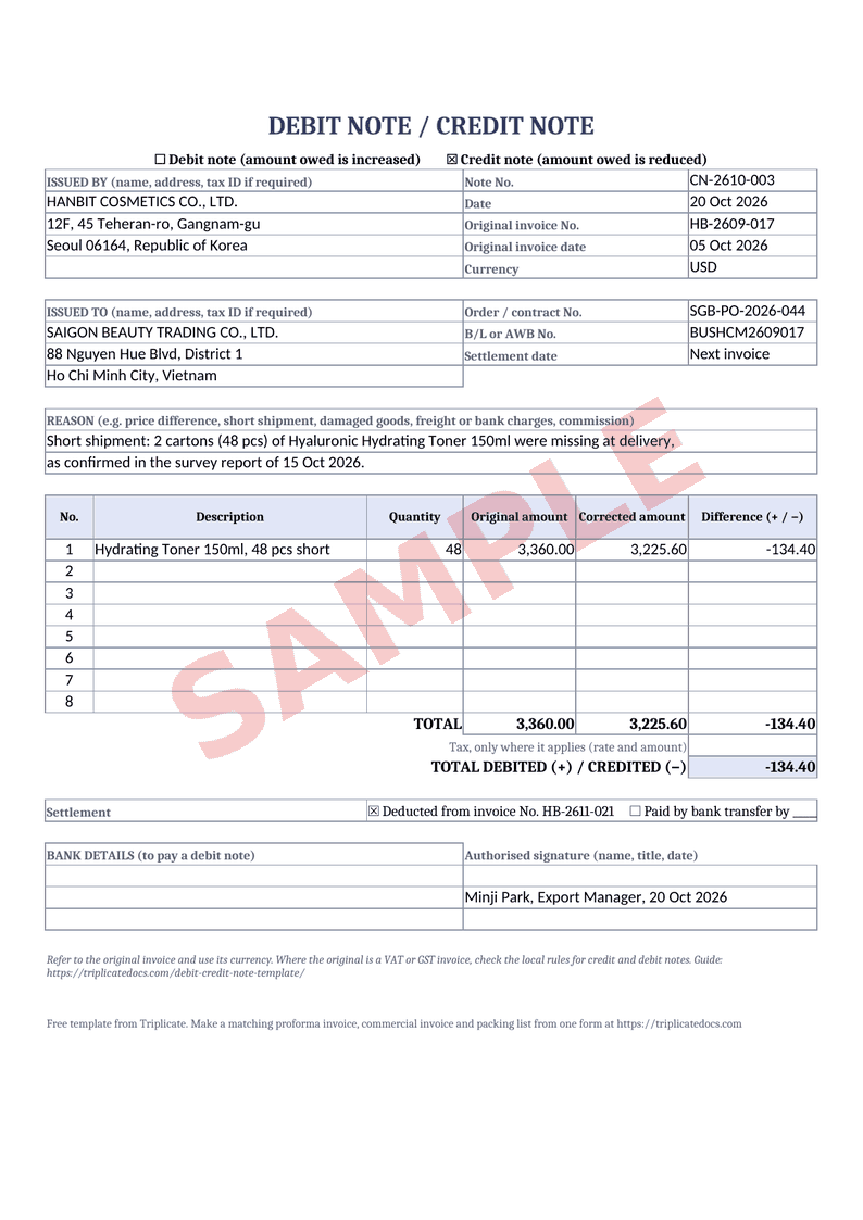 Debit note / credit note – Example filled in with the free generator (sample data)