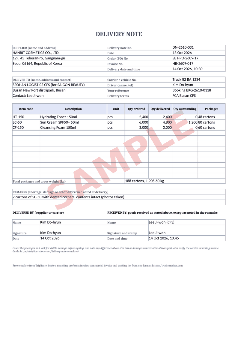 Delivery note – Example filled in with the free generator (sample data)