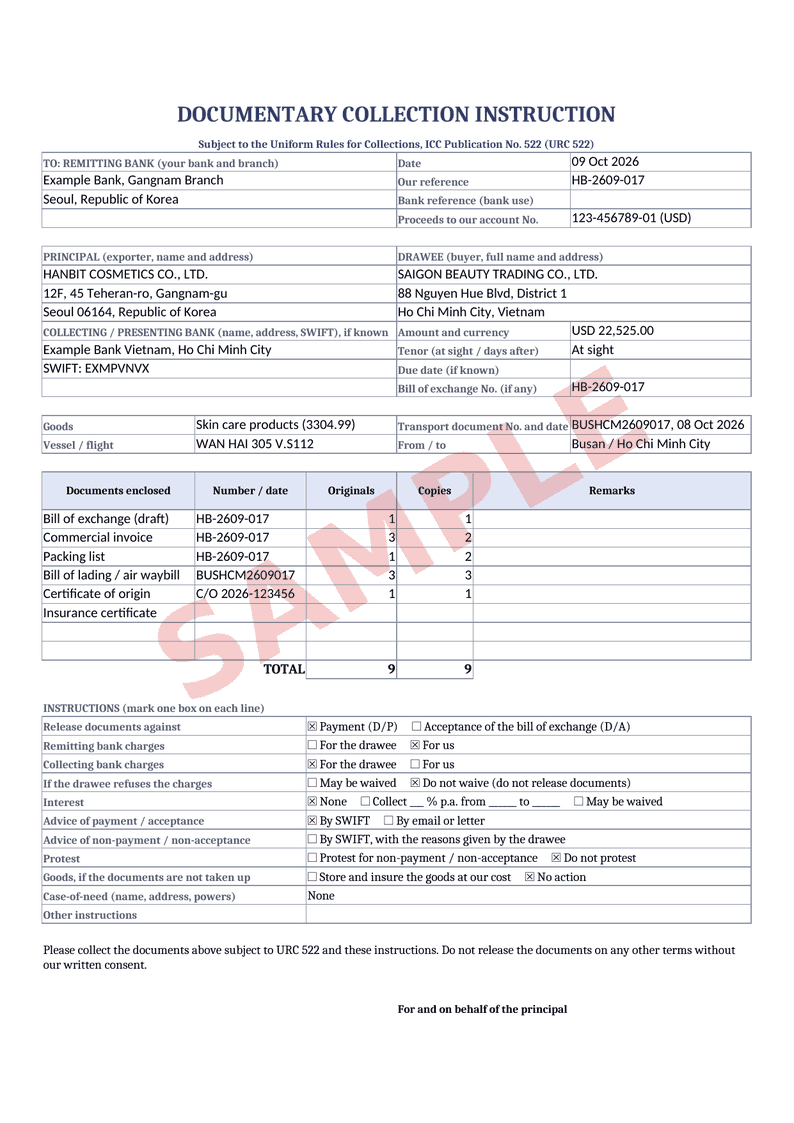 Documentary collection instruction – Example filled in with the free generator (sample data)
