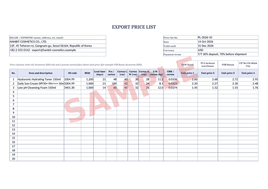 Export price list – Example filled in with the free generator (sample data)