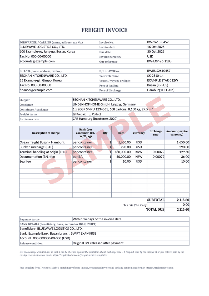 Freight invoice – Example filled in with the free generator (sample data)
