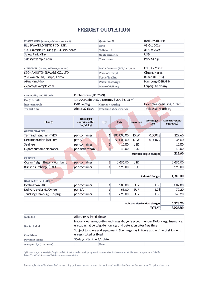 운임 견적서(Freight Quotation) – 무료 생성기로 작성한 예시 (샘플 데이터)