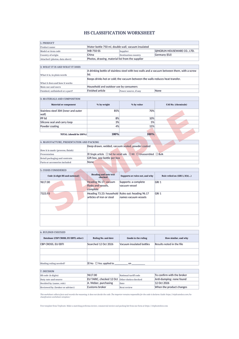 HS classification worksheet – Example filled in with the free generator (sample data)