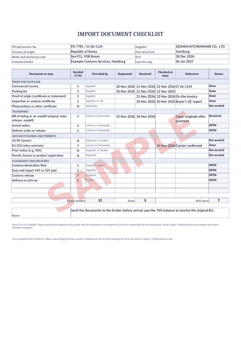 Import document checklist – Example filled in with the free generator (sample data)