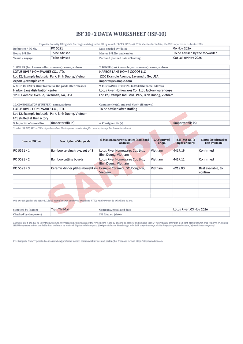 ISF 10+2 worksheet – Example filled in with the free generator (sample data)