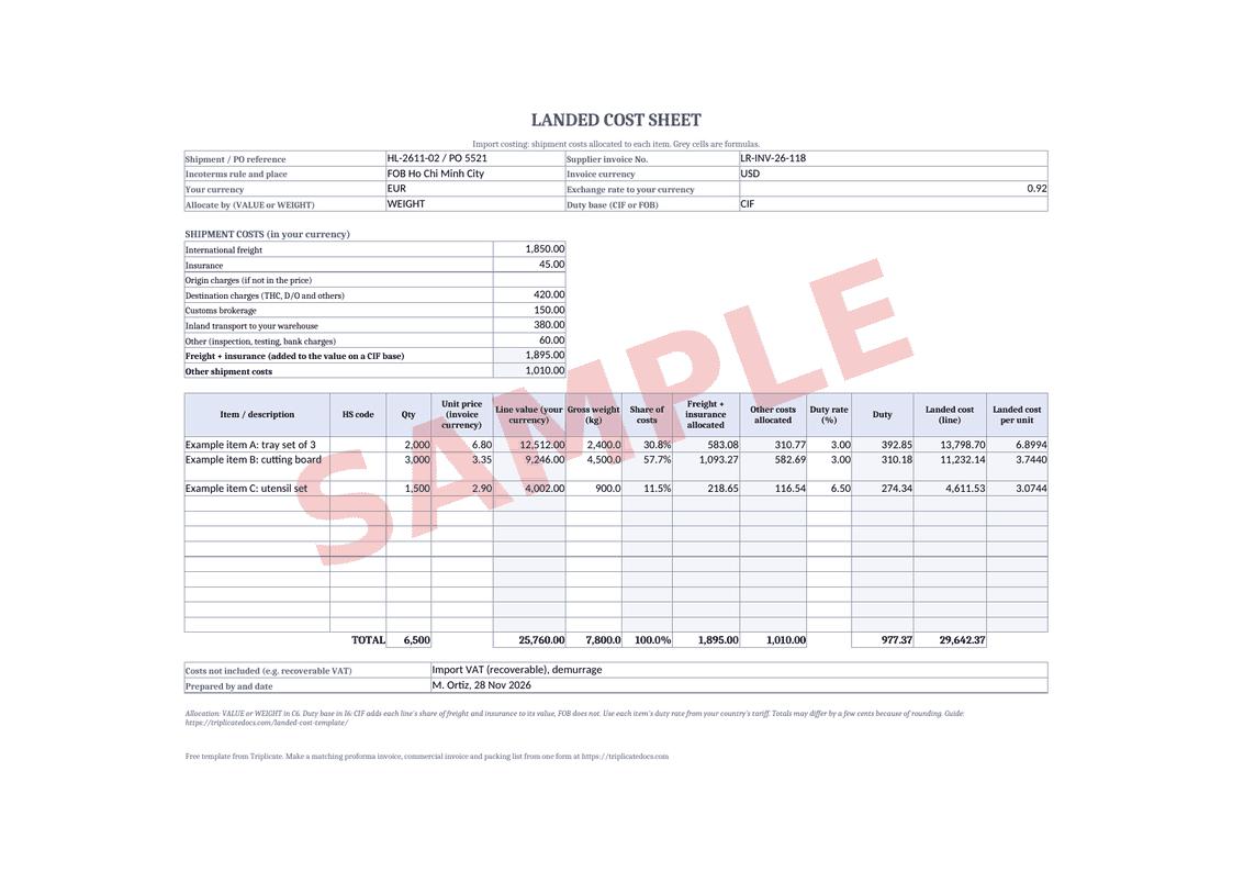 Landed cost sheet – Example filled in with the free generator (sample data)