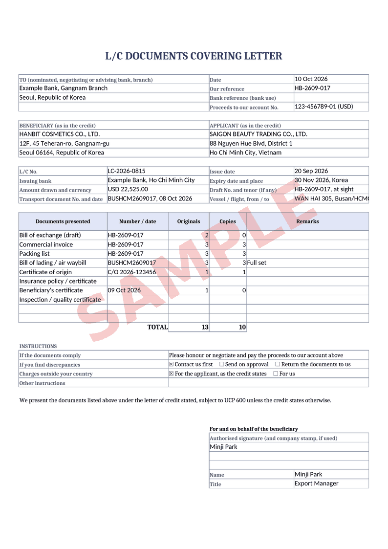 L/C documents covering letter – Example filled in with the free generator (sample data)