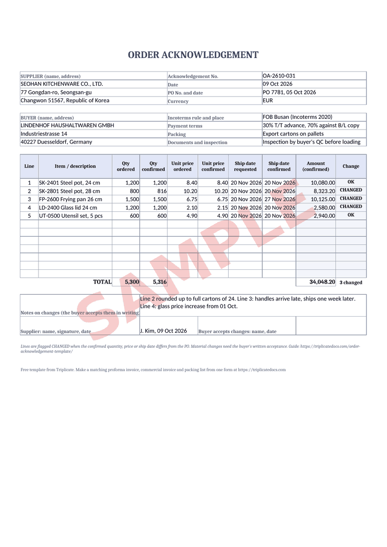 Order acknowledgement – Example filled in with the free generator (sample data)