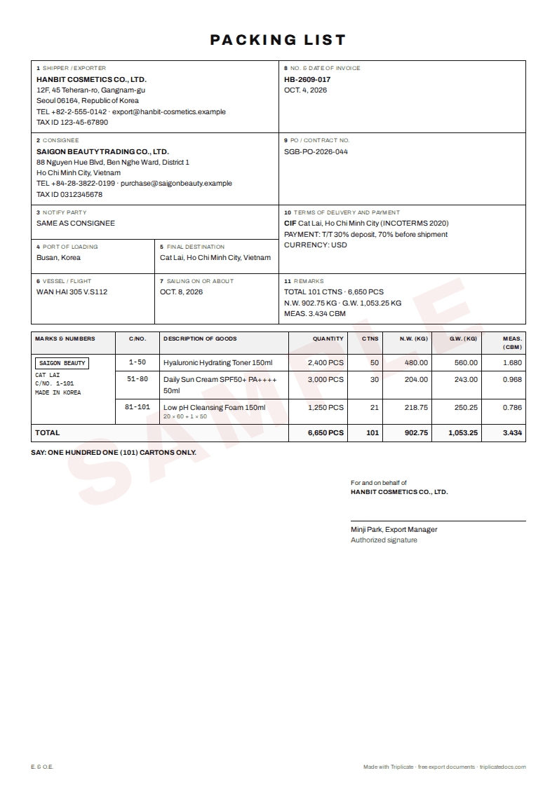 Packing list – Example filled in with the free generator (sample data)