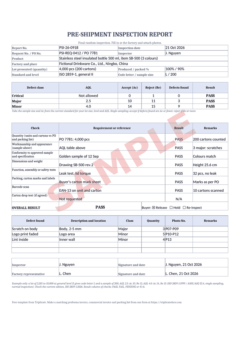 Pre-shipment inspection – Example filled in with the free generator (sample data)