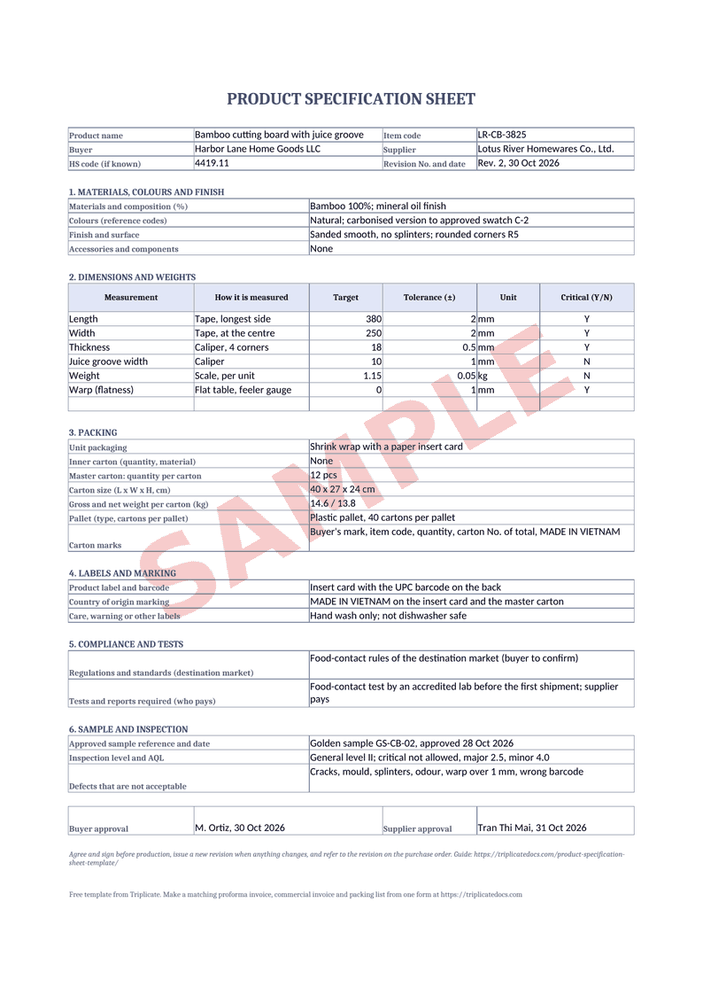 Product specification sheet – Example filled in with the free generator (sample data)