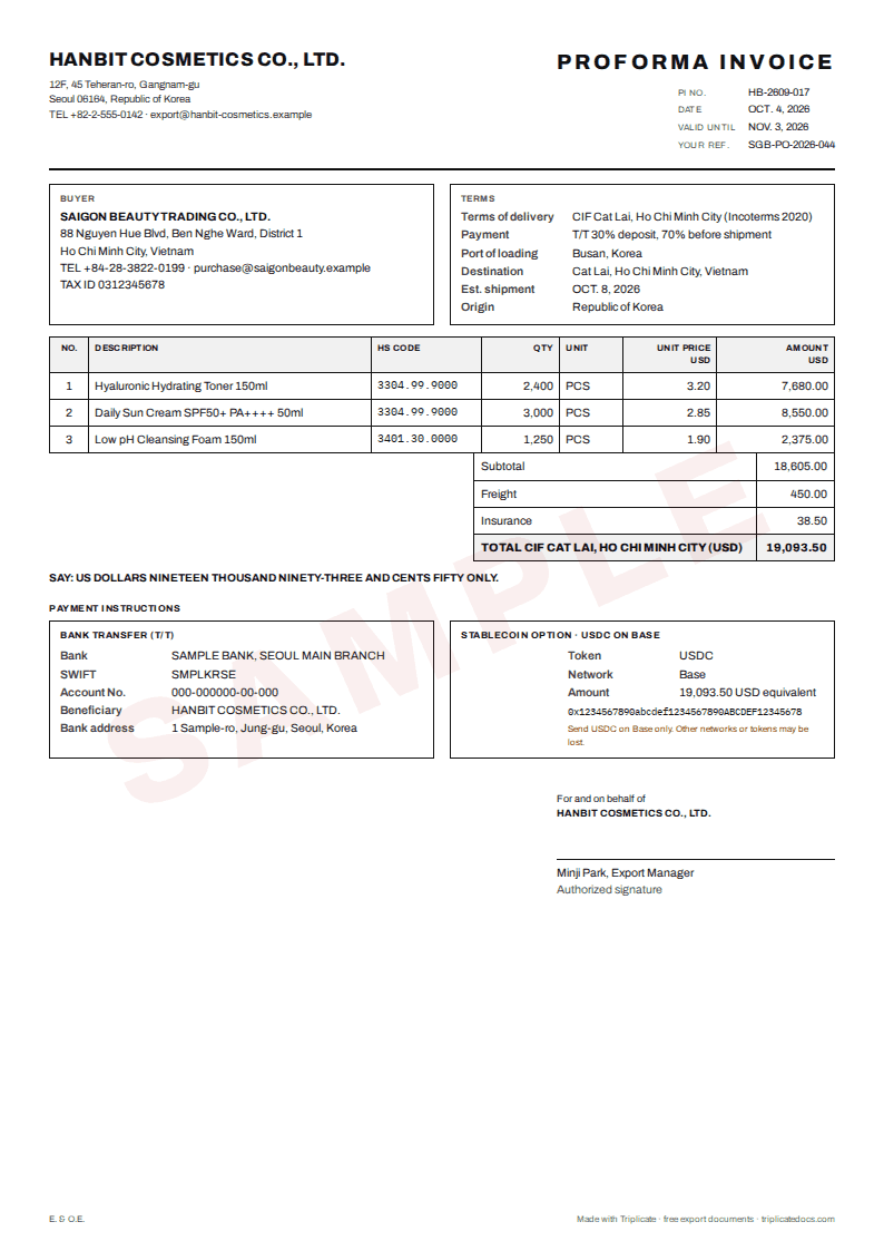 Proforma invoice – Example filled in with the free generator (sample data)