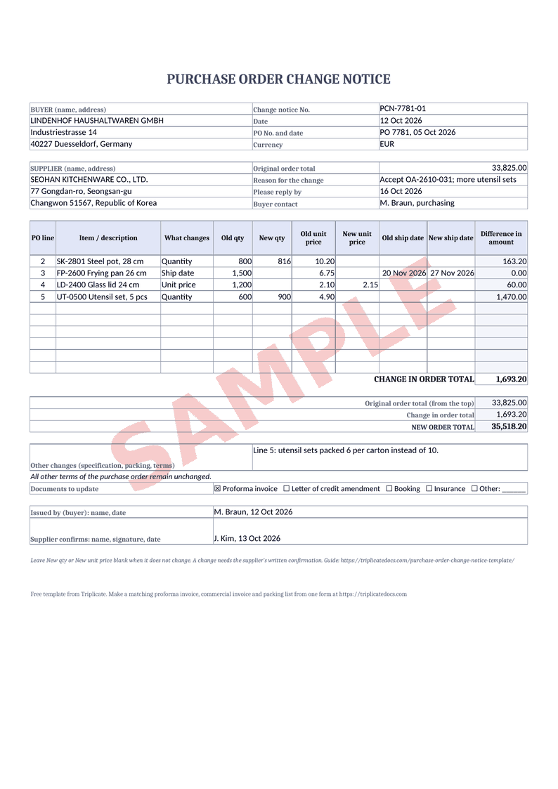 PO change notice – Example filled in with the free generator (sample data)