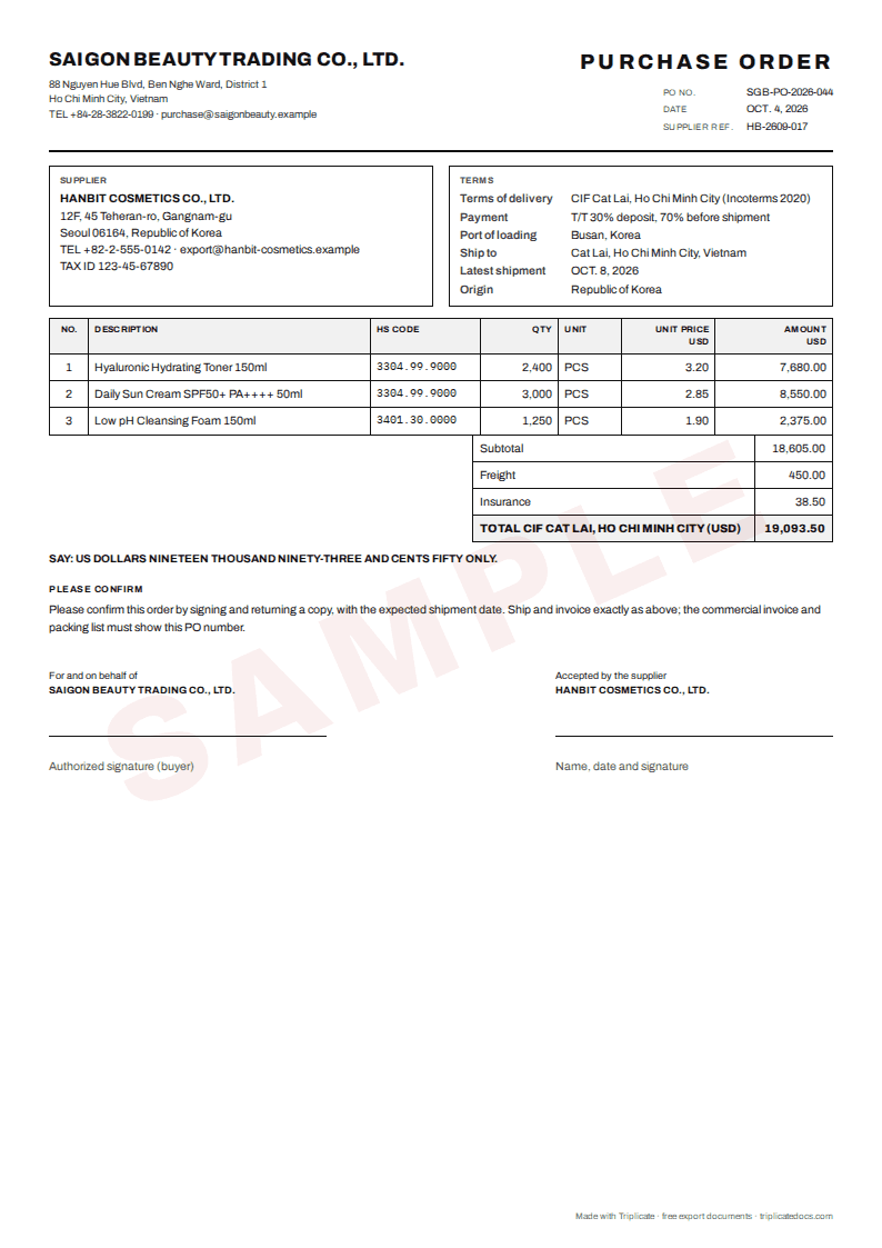 Purchase order (PO) – Example filled in with the free generator (sample data)