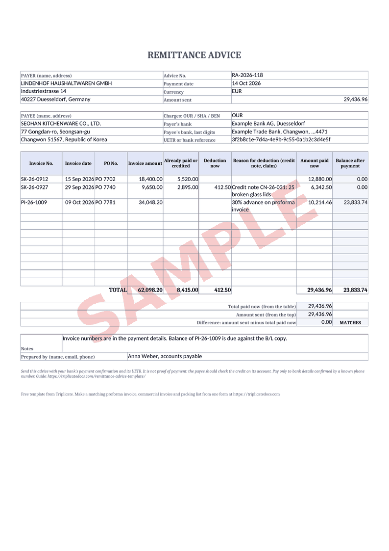 Remittance advice – Example filled in with the free generator (sample data)