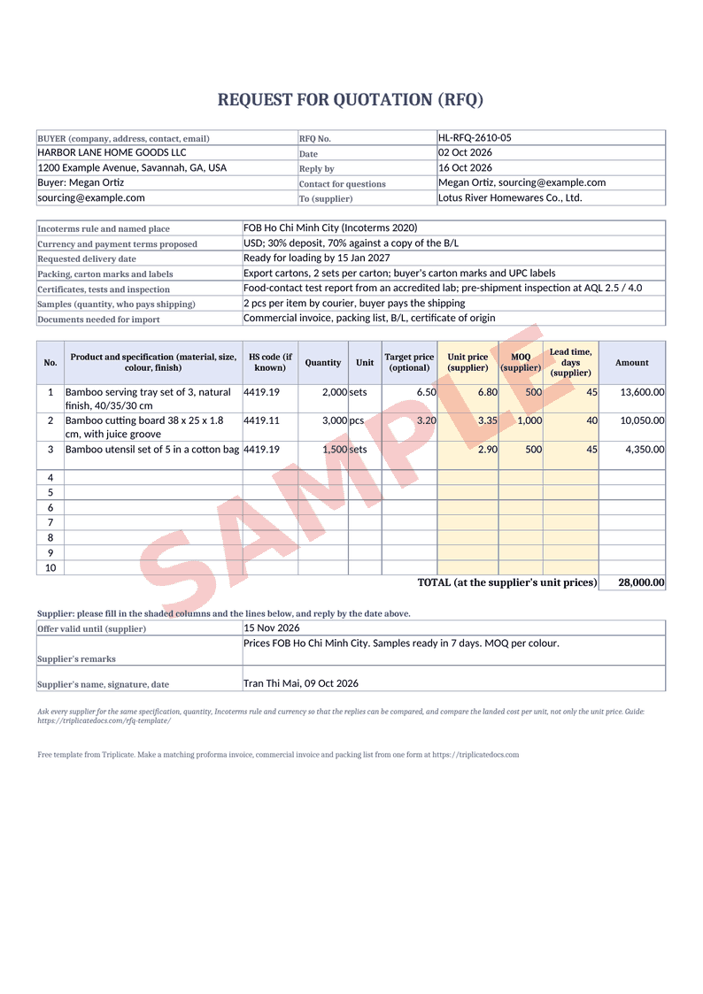 RFQ (কোটেশনের অনুরোধ) – ফ্রি জেনারেটরে পূরণ করা উদাহরণ (নমুনা ডেটা)