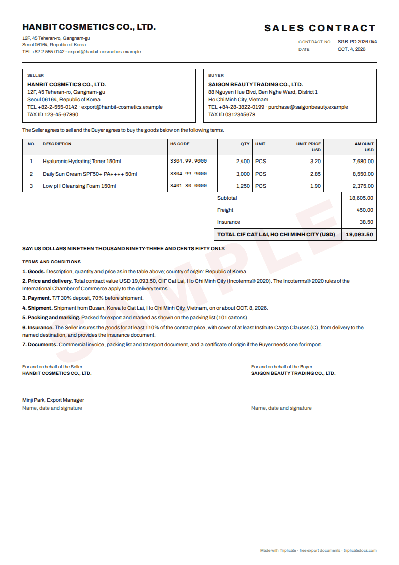 Sales contract – Example filled in with the free generator (sample data)