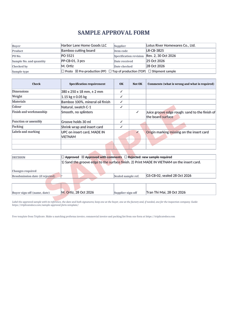 Sample approval form – Example filled in with the free generator (sample data)