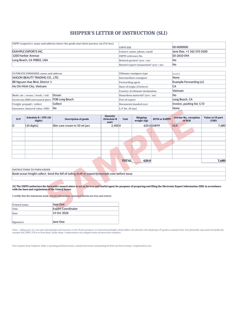 Shipper's letter of instruction (SLI) – Example filled in with the free generator (sample data)