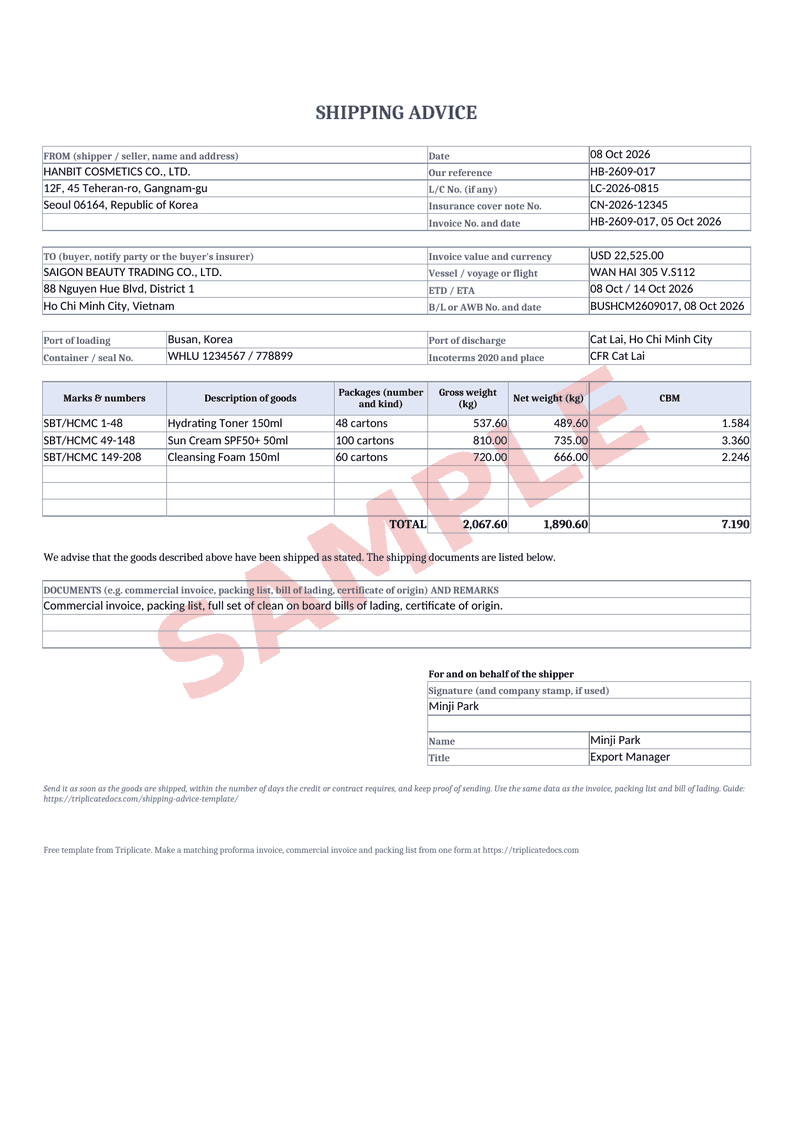 Shipping advice – Example filled in with the free generator (sample data)