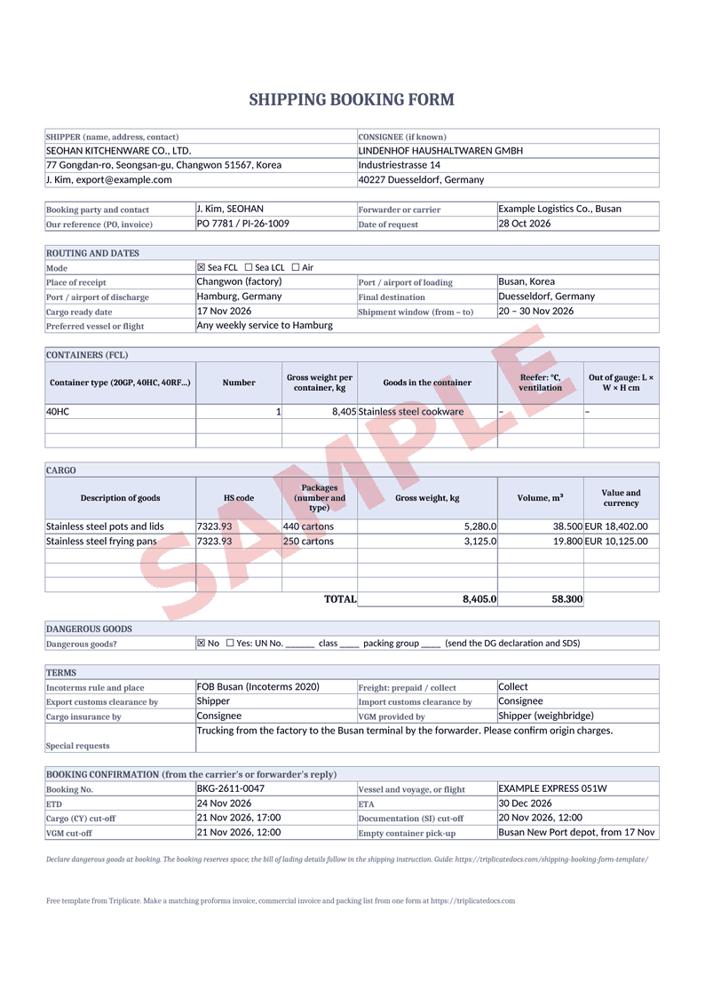 Shipping booking form – Example filled in with the free generator (sample data)