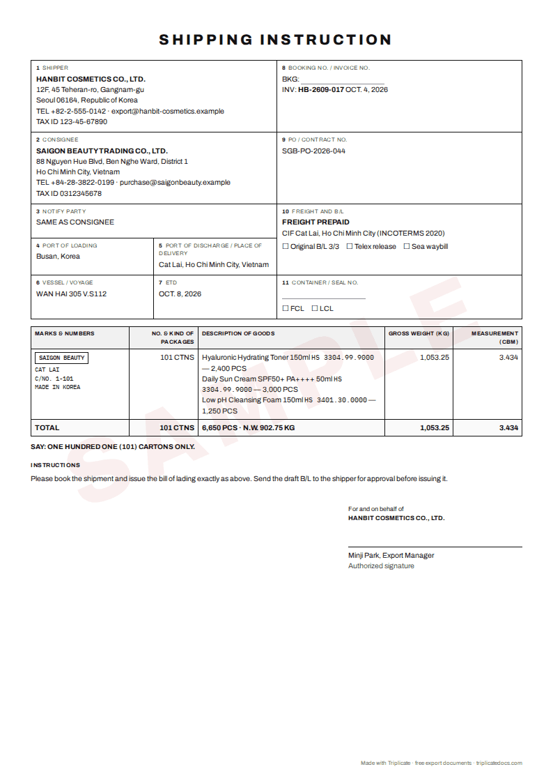 Shipping instruction – Example filled in with the free generator (sample data)