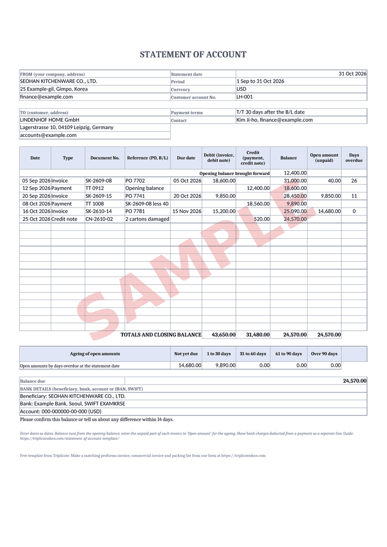 Statement of account – Example filled in with the free generator (sample data)
