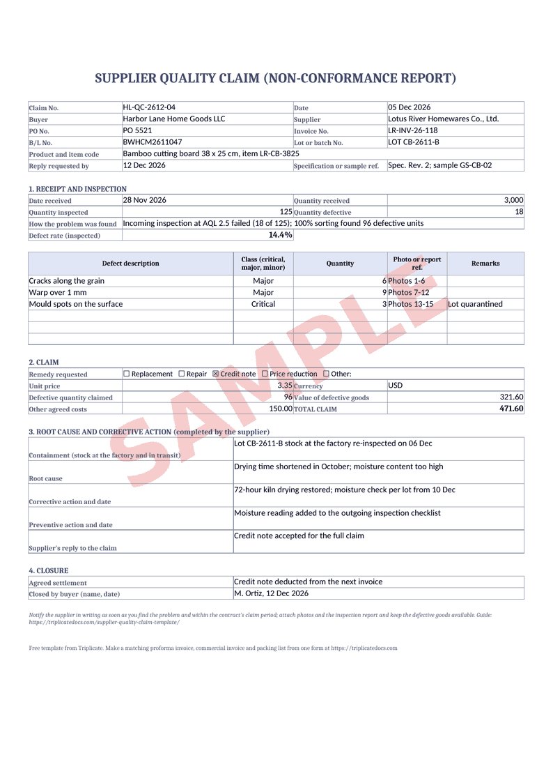 Supplier quality claim – Example filled in with the free generator (sample data)