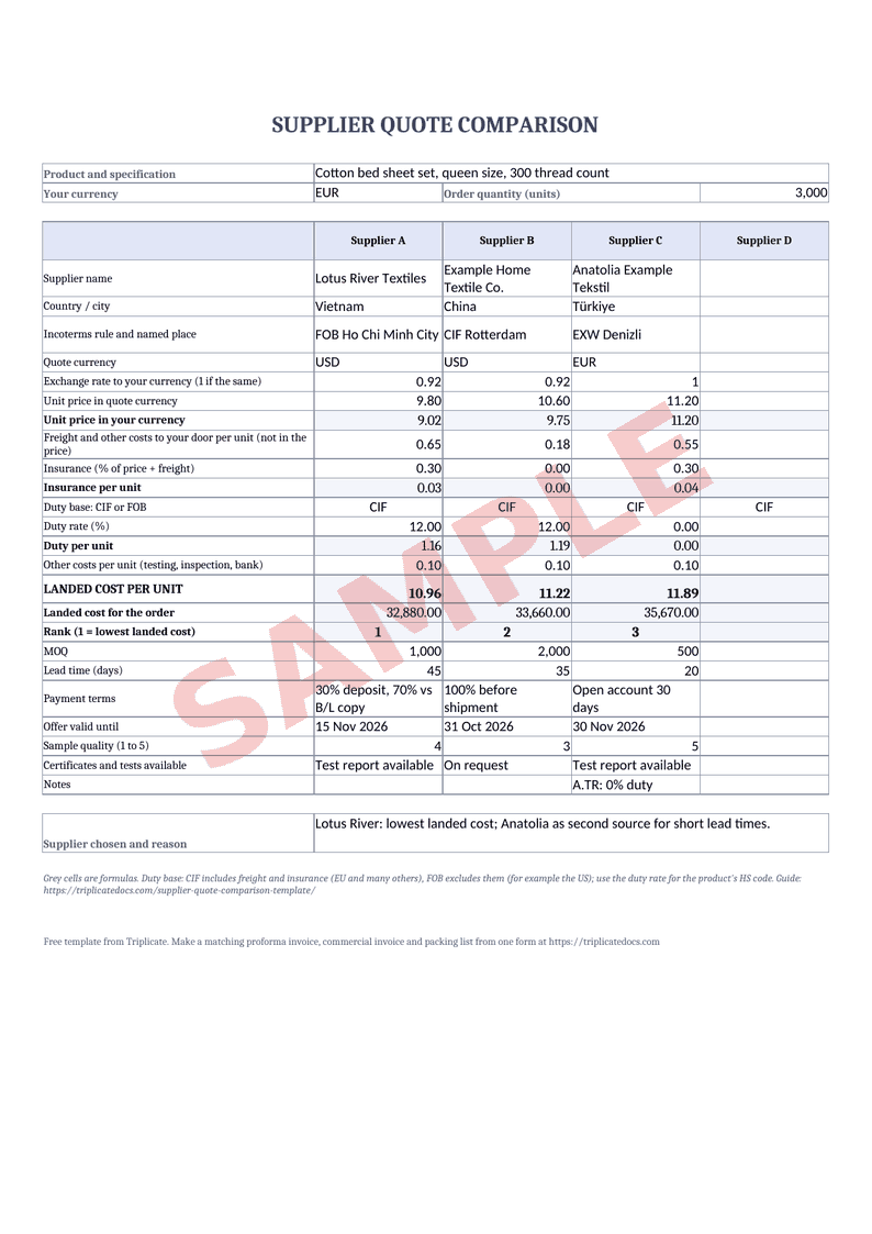 Supplier quote comparison – Example filled in with the free generator (sample data)