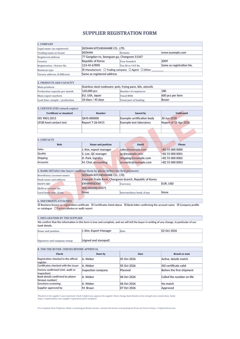 Supplier registration form – Example filled in with the free generator (sample data)