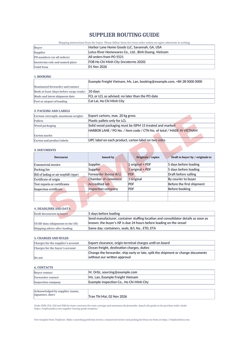 Supplier routing guide – Example filled in with the free generator (sample data)