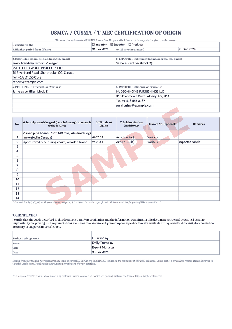 USMCA certification of origin – Example filled in with the free generator (sample data)