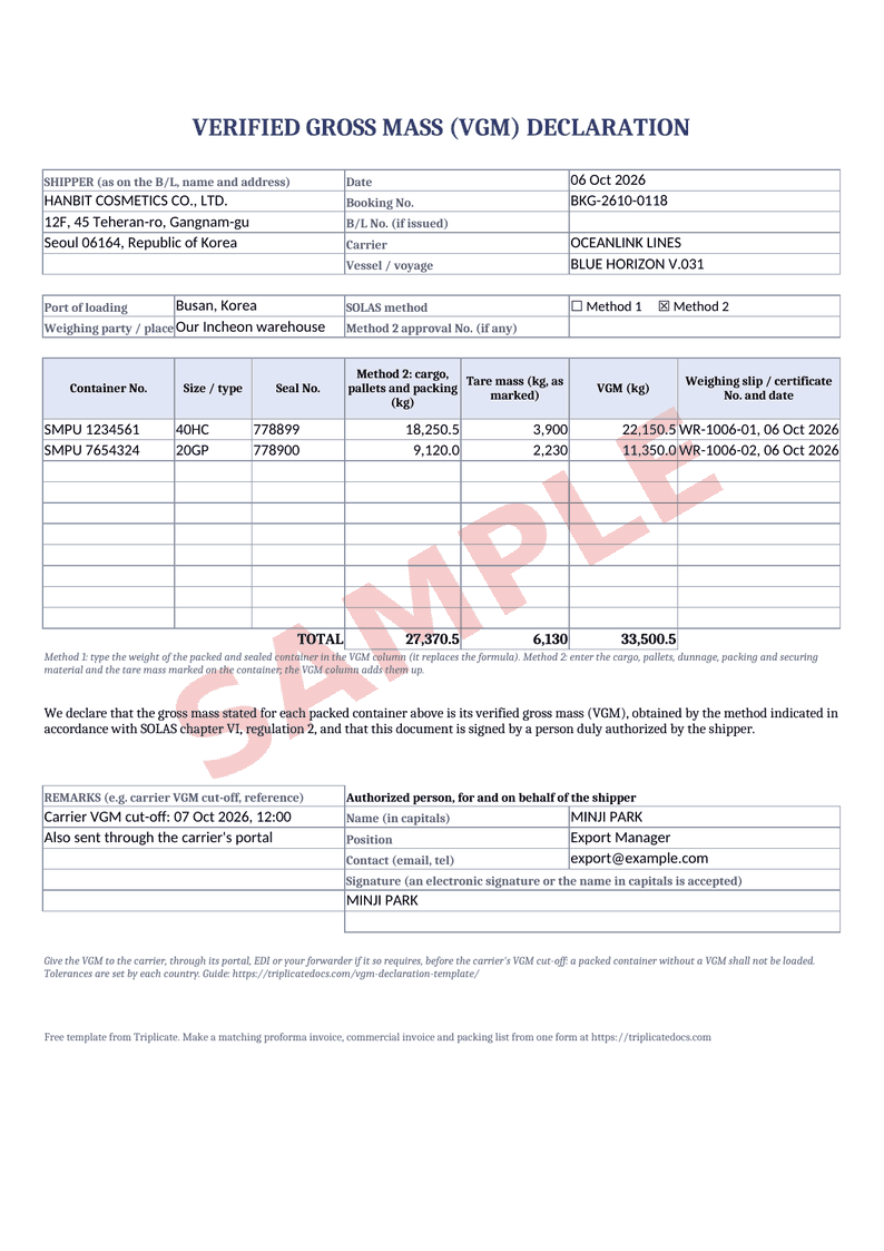 Deklarasi VGM – Contoh yang diisi dengan generator gratis (data contoh)